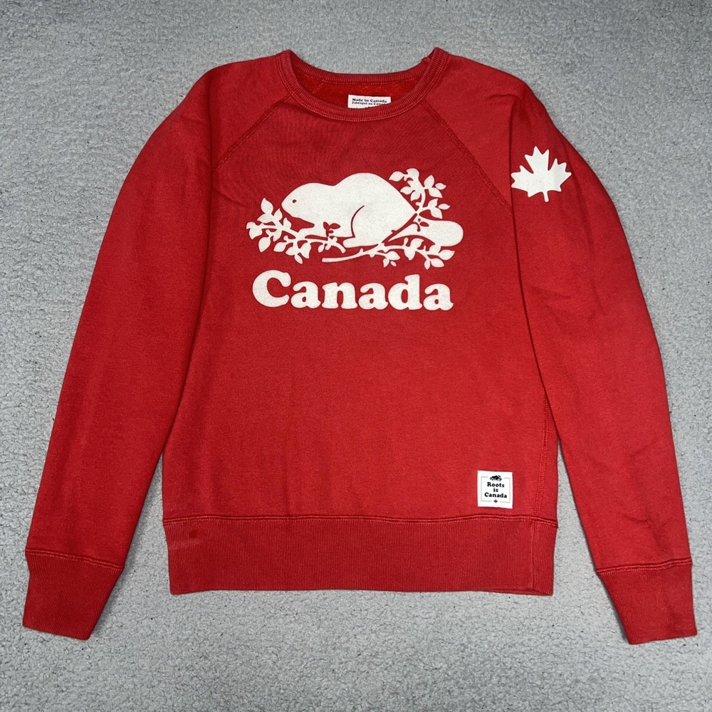 Roots Canada Sweater Women's Sz 2XS XXS Red Fleece Beaver Spellout Logo Pullover